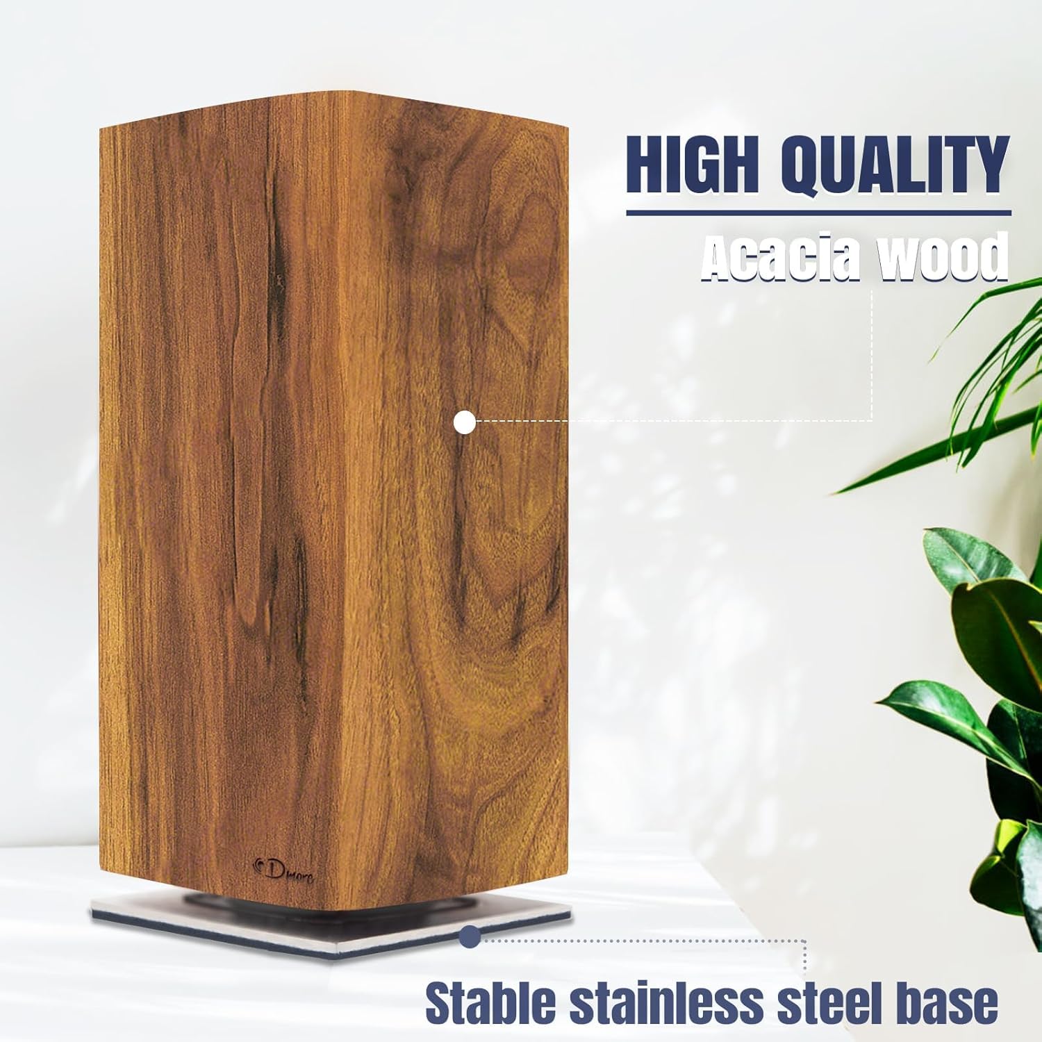 Dmore close-up of premium acacia wood finish on knife block.