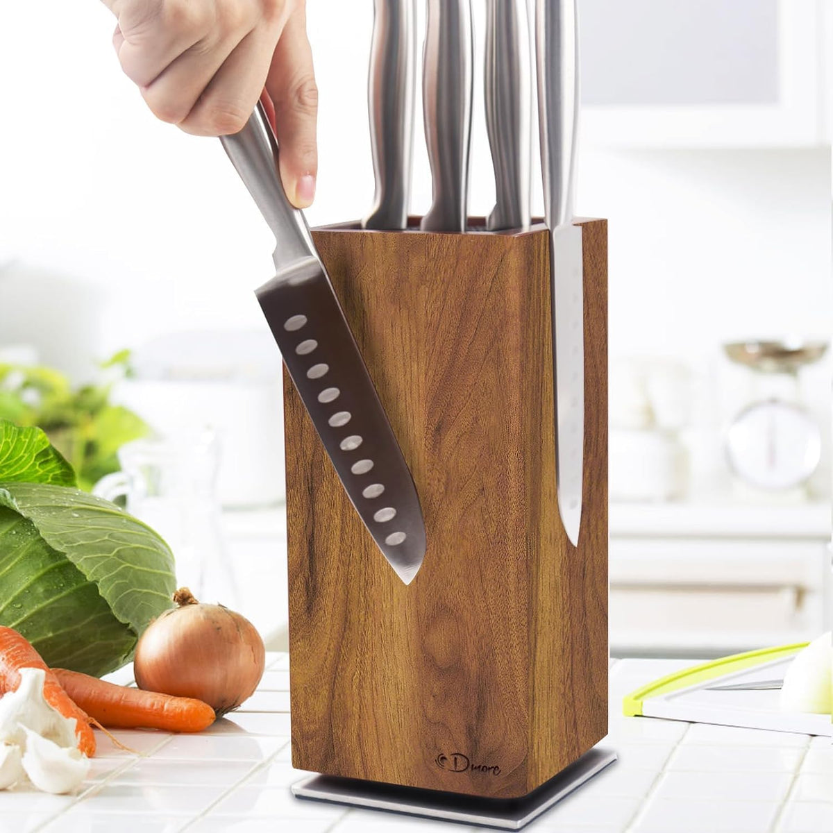 Dmore acacia wood knife block top view showing compact storage for 12–14 blades.