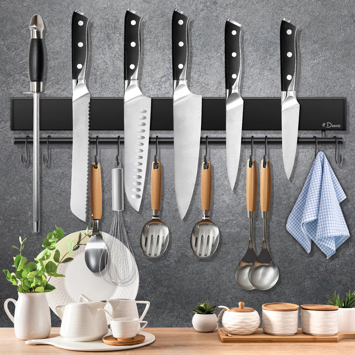 Dmore magnetic knife holder on wall with 10 hooks for organized knives and tools.