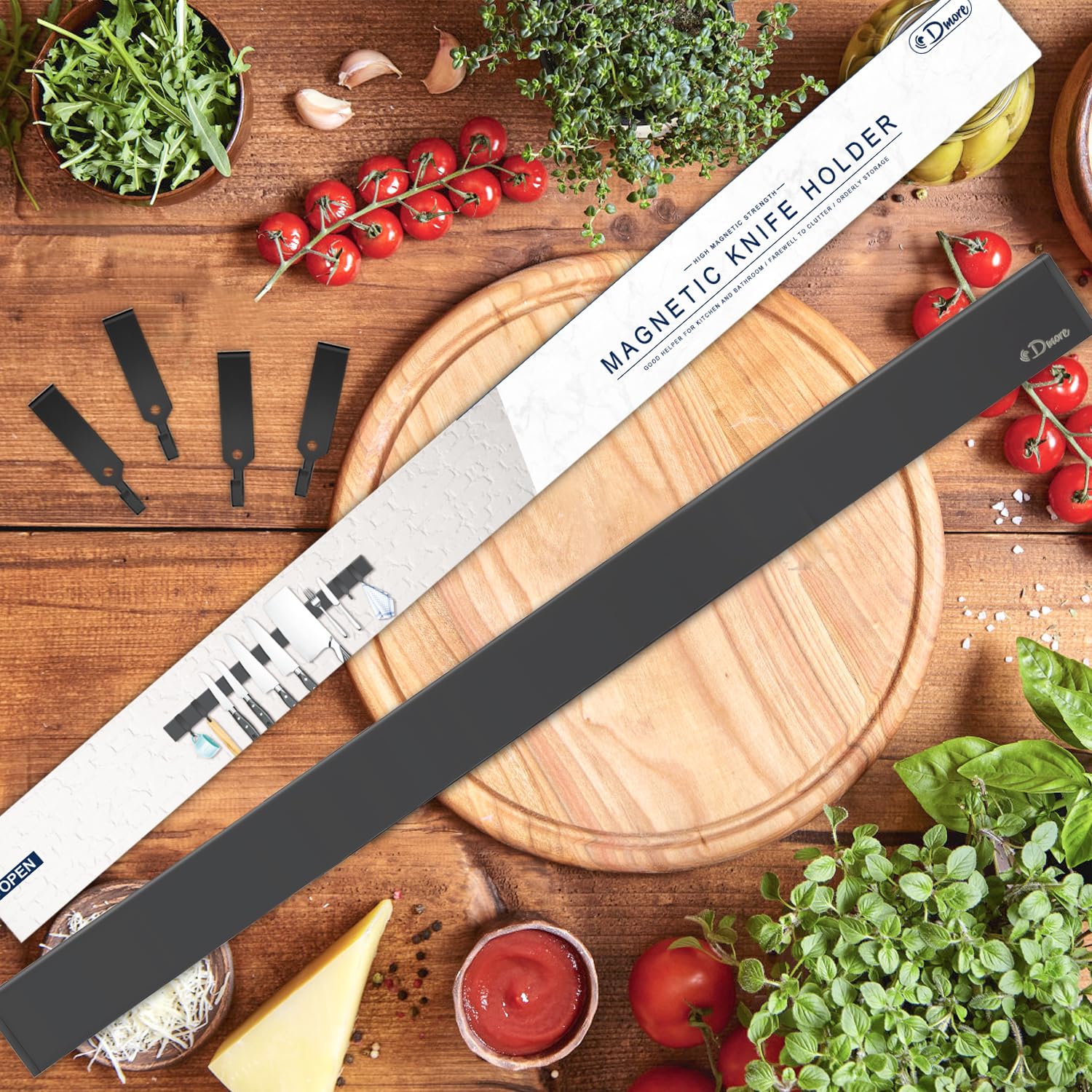 Adhesive no-drill installation option for Dmore magnetic strip in compact kitchens