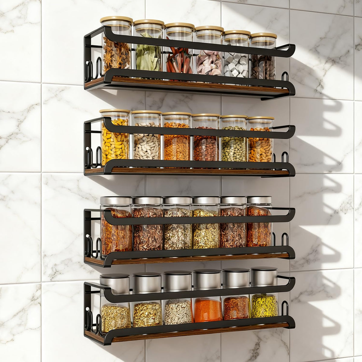 Doakhirmit wall-mounted spice rack with 16 hooks for convenient, visible spice storage.