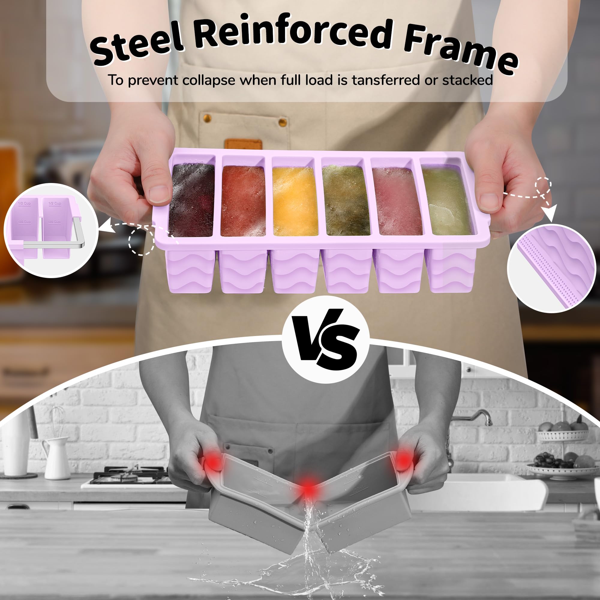 Doasuwish silicone freezer tray with stainless-steel frame, keeps shape under full loads.