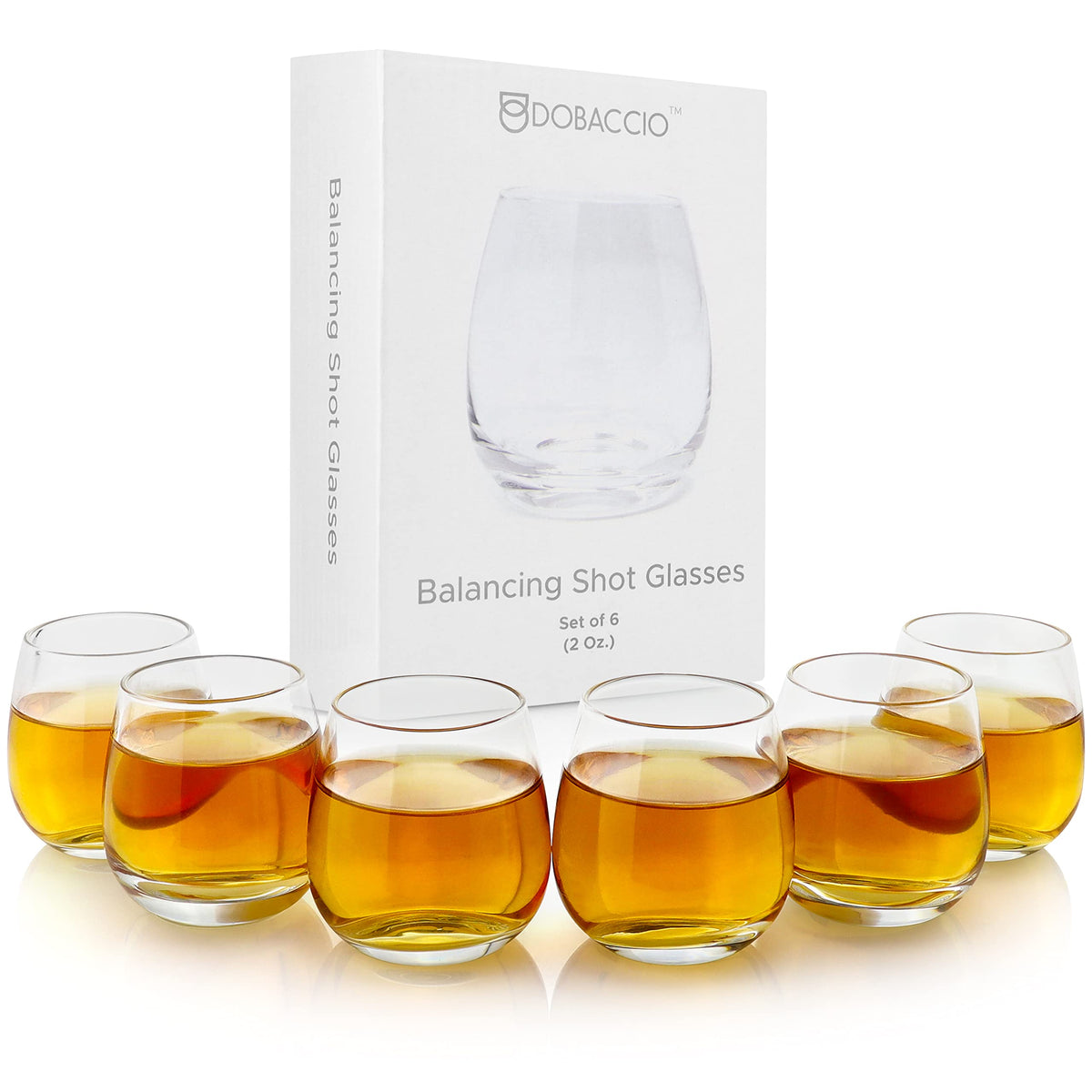 Dobaccio Cool Shot Glasses round-bottom balancing 6pcs on a clean table.