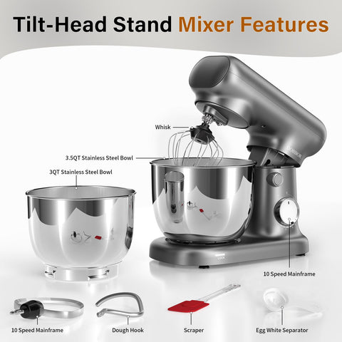DOBBOR stand mixer shows 2.5L and 3L bowls for versatile recipes.