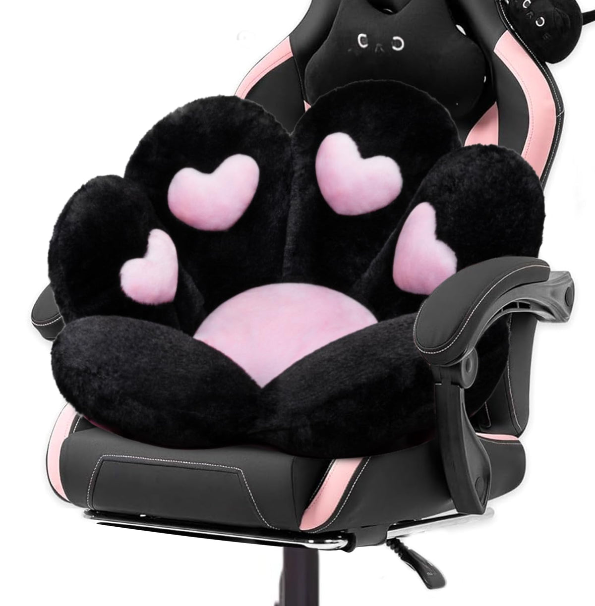 DOBUONO cat paw cushion on office chair provides plush support for long work sessions.
