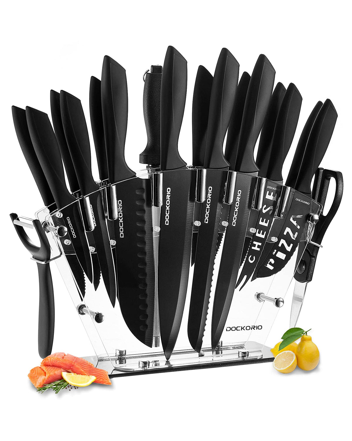 Dockorio 19-piece knife set neatly arranged in the block for easy access.