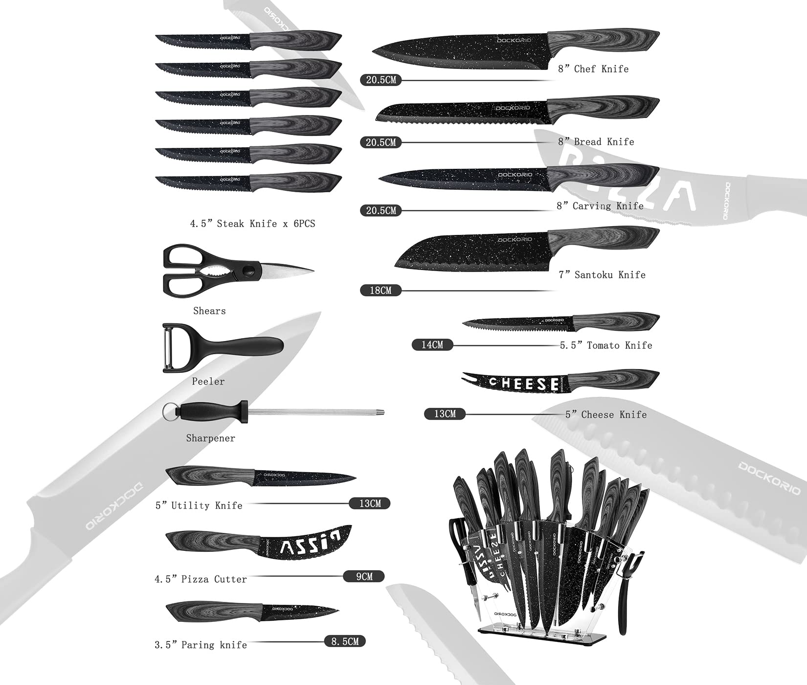 Dockorio ceramic-coated blades provide non-stick release for clean slicing.