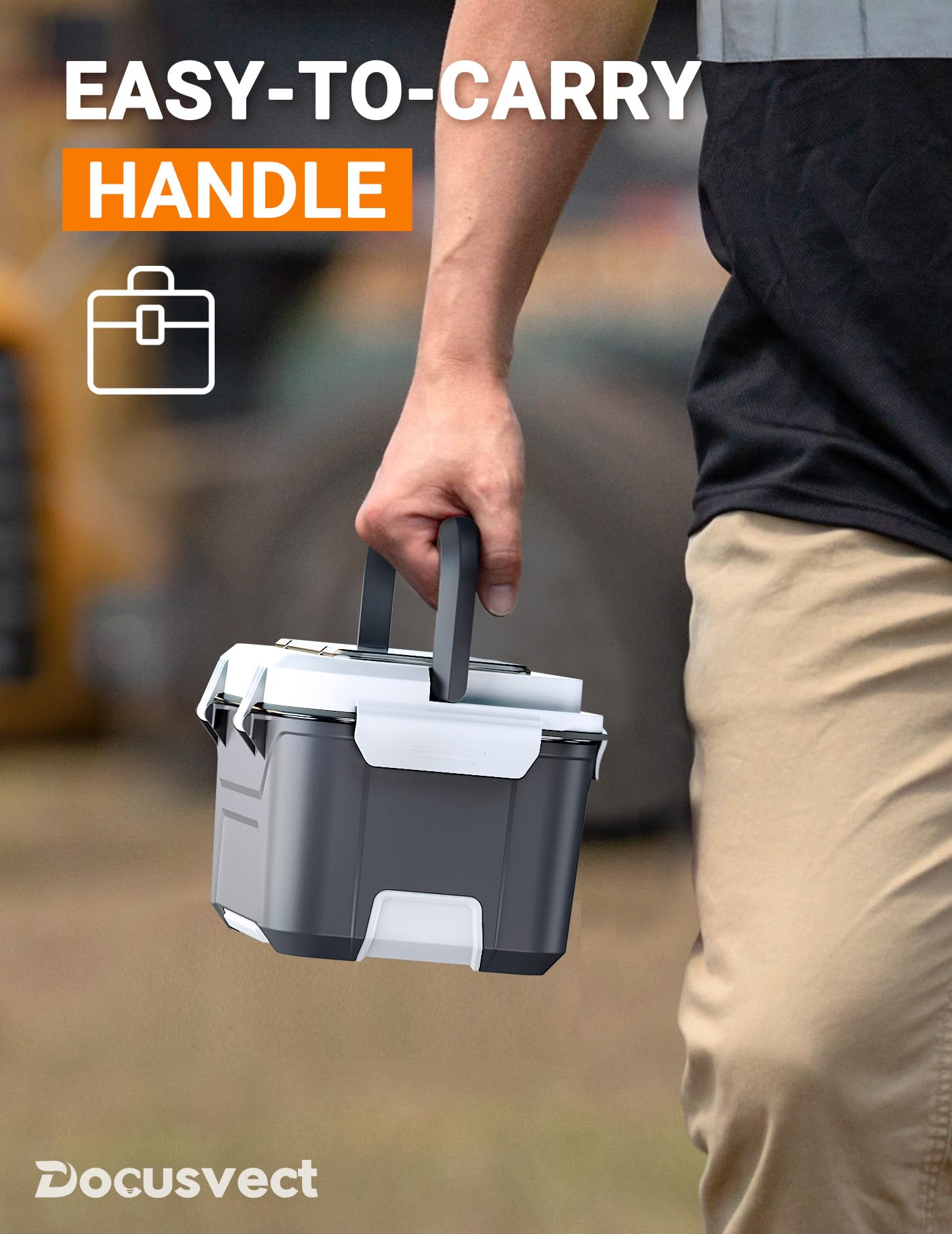 Docusvect lunch box being carried in hand for portable dining.