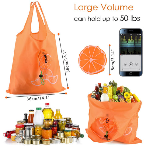 Dodkes foldable tote bag showing fruit design, ideal for travel and storage