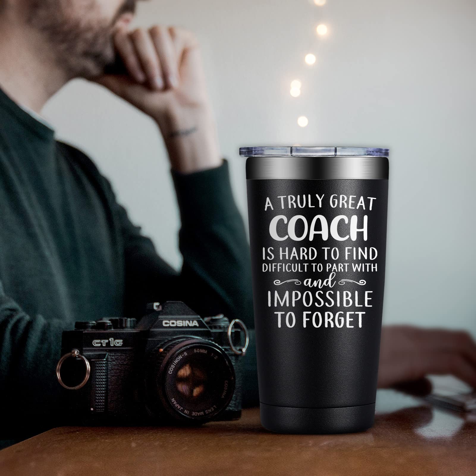 DOEARTE basketball coach motif tumbler with ergonomic grip for easy one-handed sipping.
