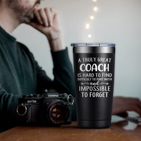 DOEARTE basketball coach motif tumbler with ergonomic grip for easy one-handed sipping.
