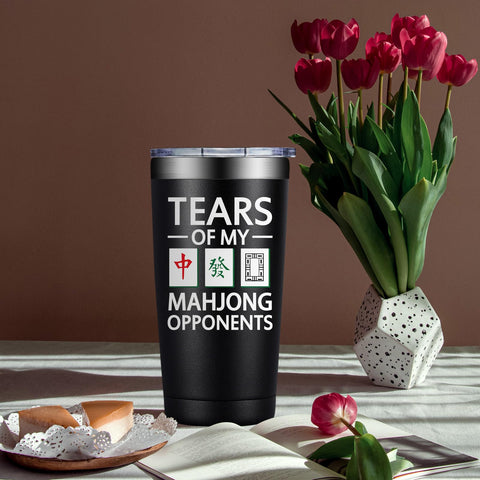 DOEARTE Mahjong tumbler with BPA-free label emphasizing safety and durability.