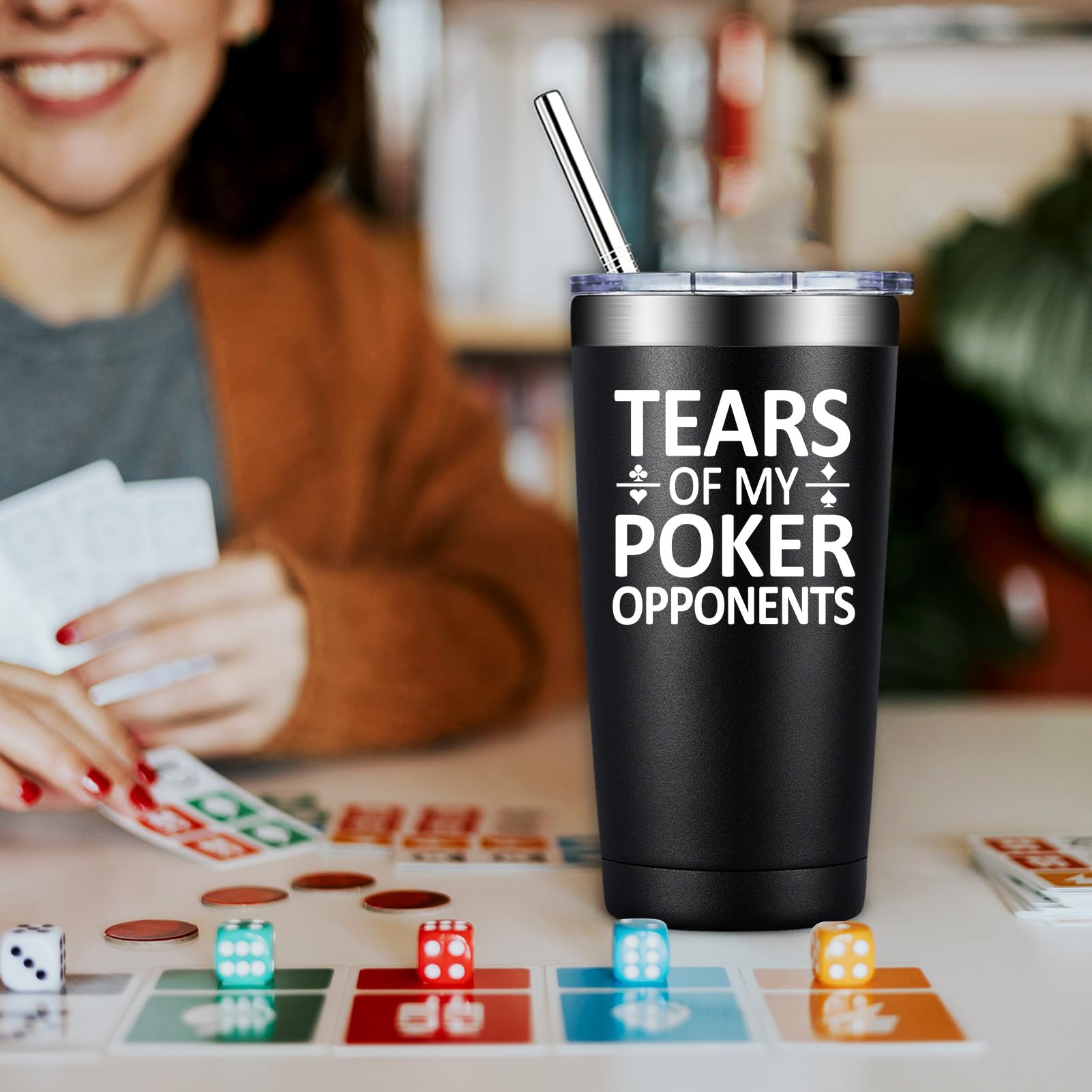 DOEARTE Mahjong tumbler cap close-up highlighting secure, spill-free lid.