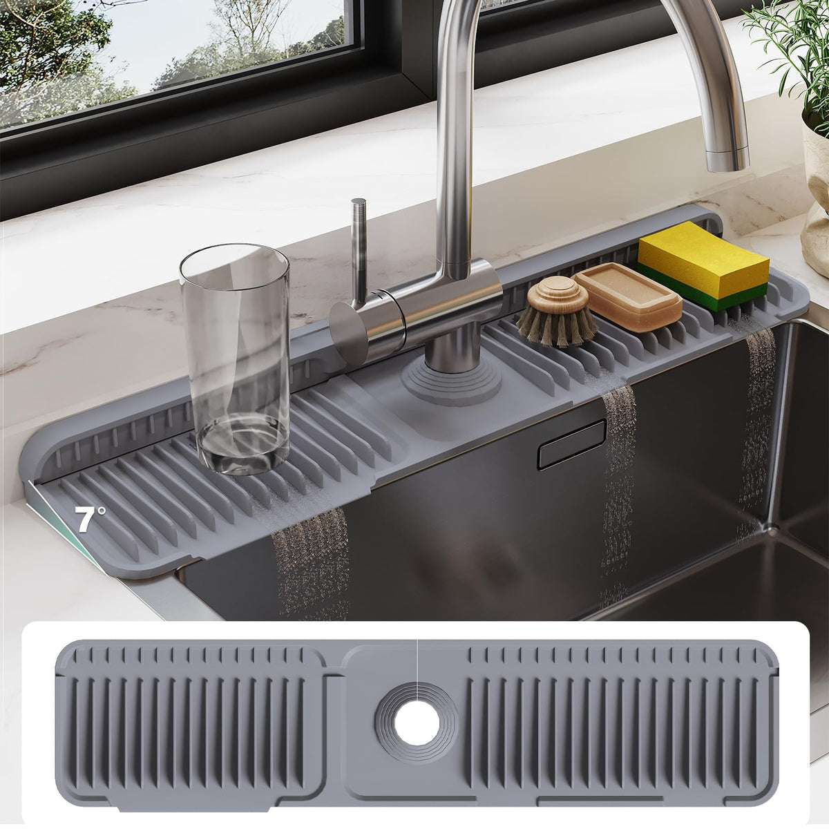 Doeklpo 24-inch silicone faucet mat for sink drainage and splash protection.