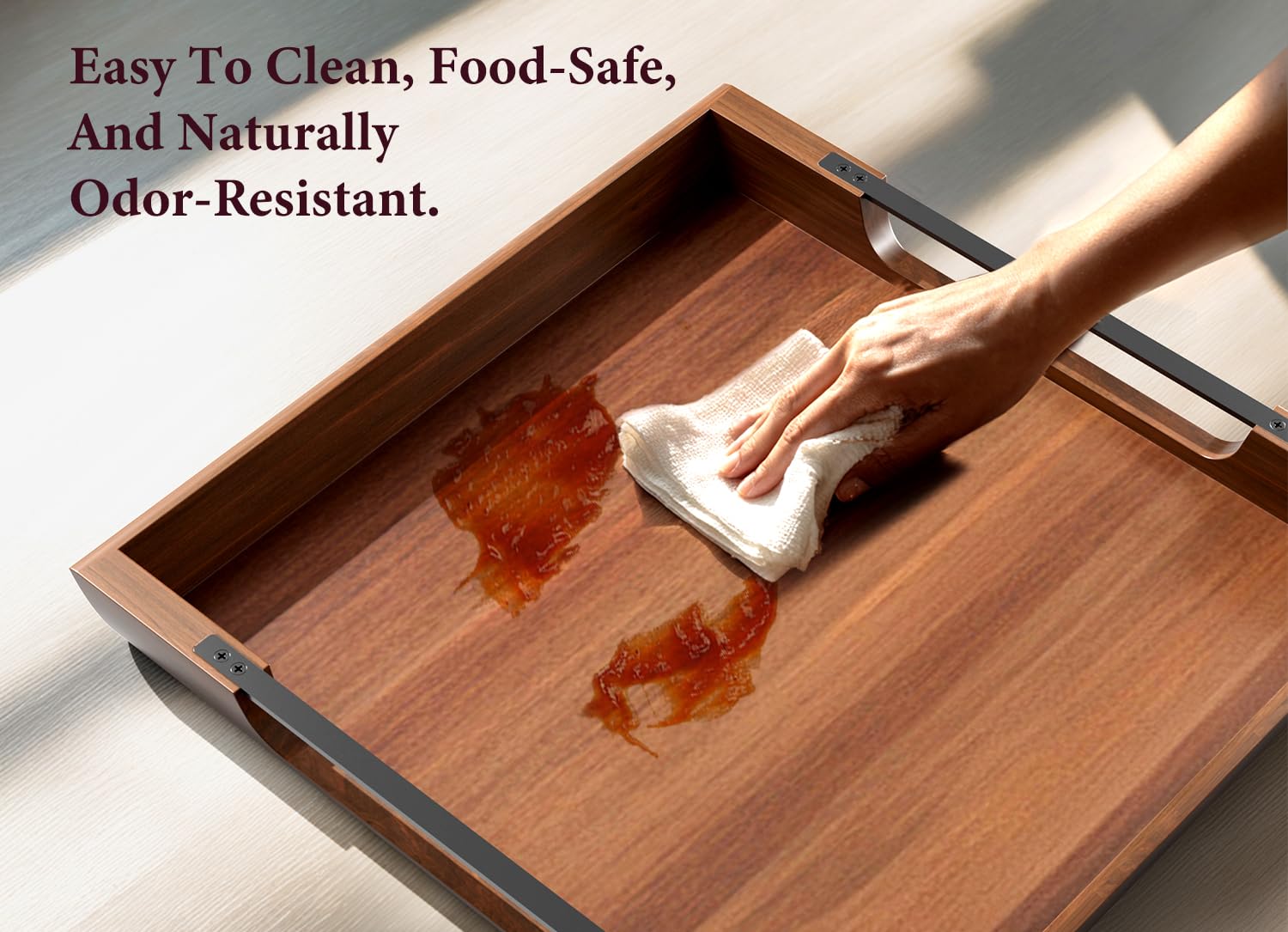 Dofira 20-inch square tray used on a coffee table for snacks and decor