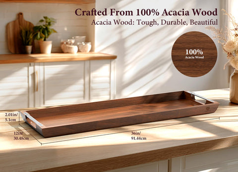 Dofira acacia wood charcuterie board with metal handles, side view, easy transport from kitchen to table.