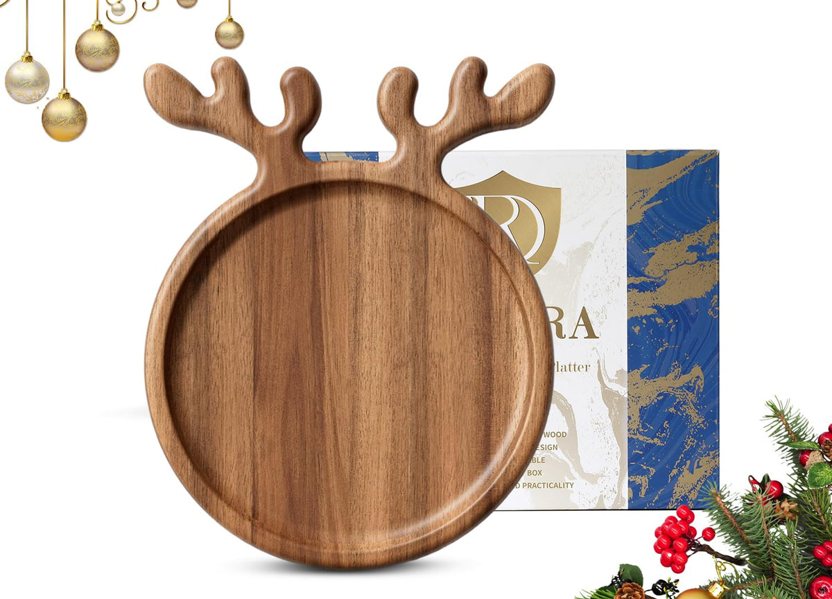 Dofira acacia wood Christmas platter with antler handle for stylish entertaining.