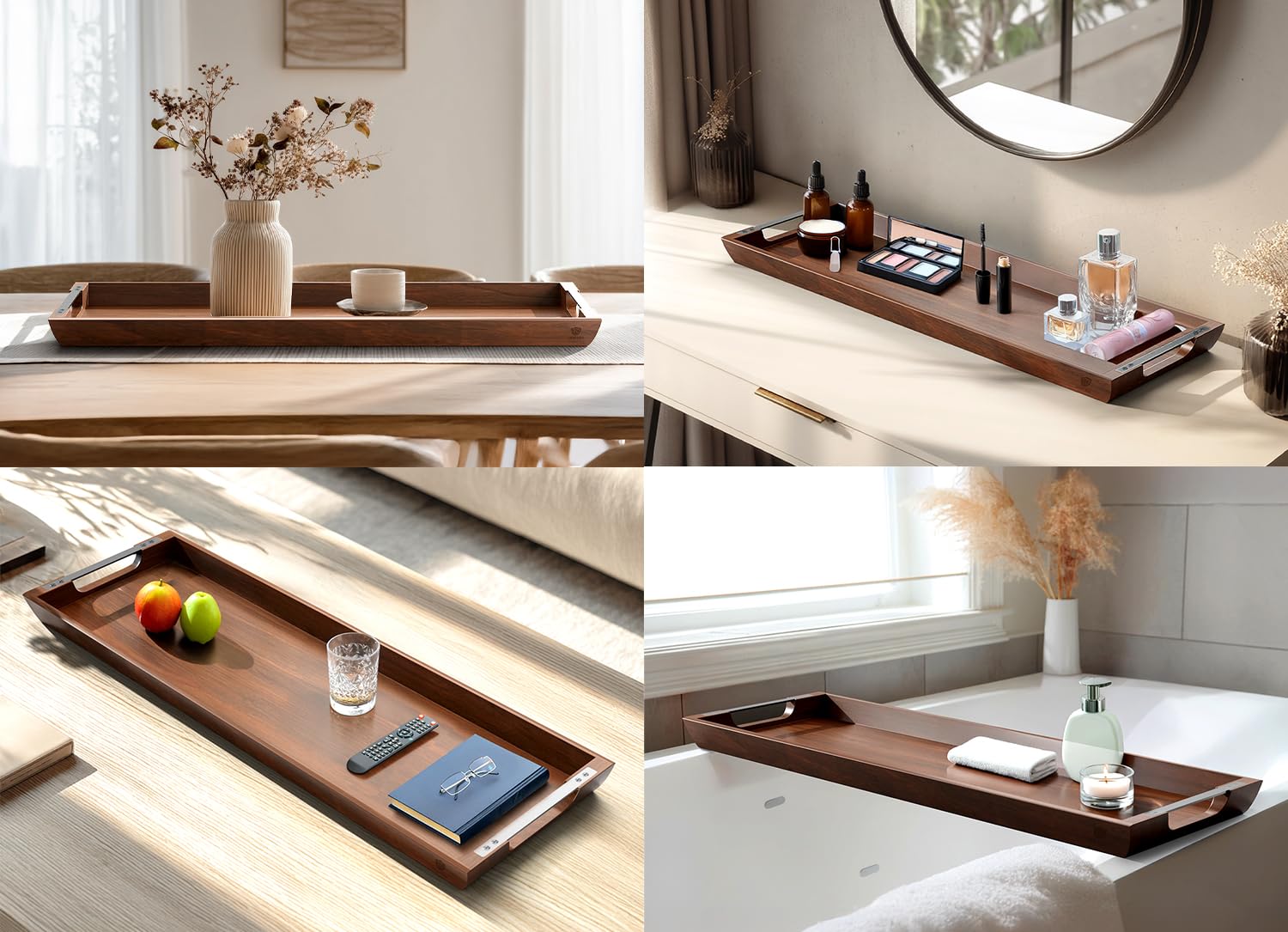 Dofira acacia wood serving tray for kitchen display.