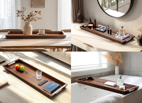 Dofira acacia wood serving tray for kitchen display.