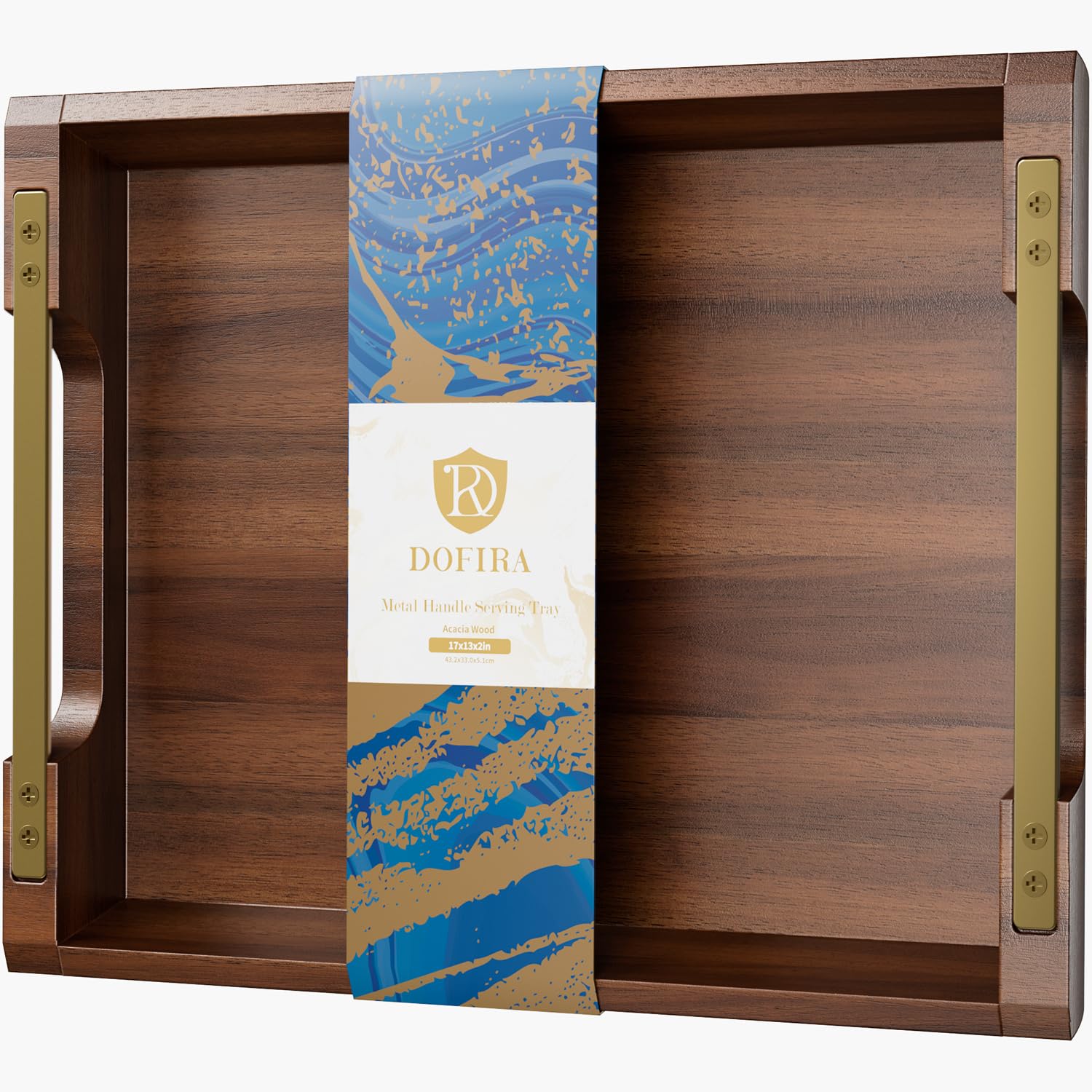 Dofira acacia wood serving tray with metal handles 17x13 inches for easy serving