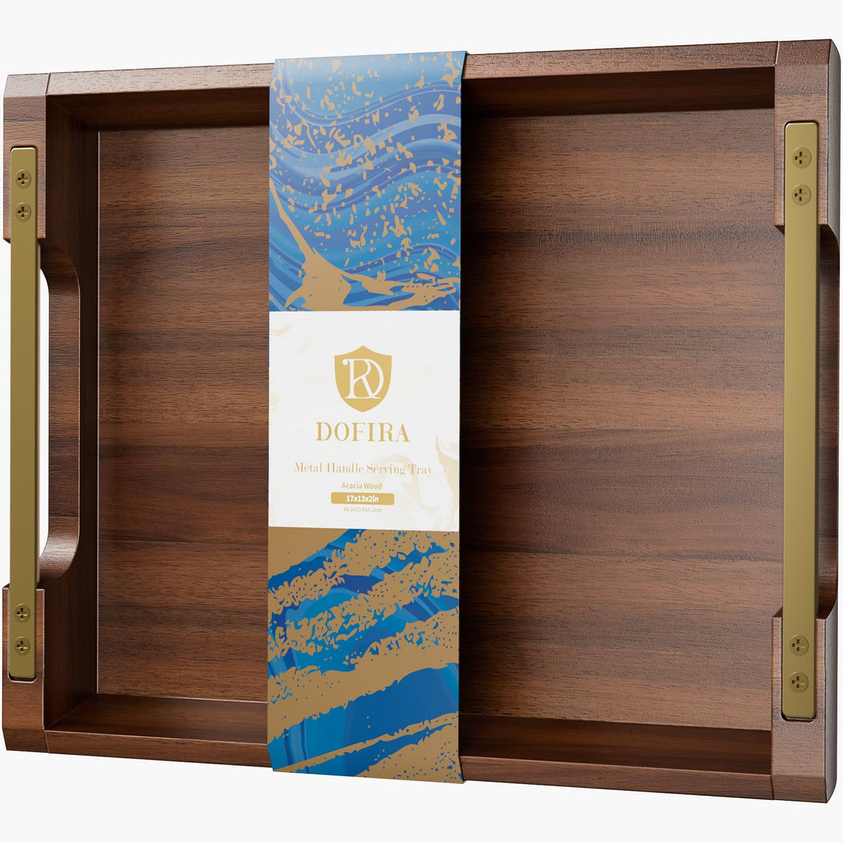 Dofira acacia wood serving tray with metal handles 17x13 inches for easy serving