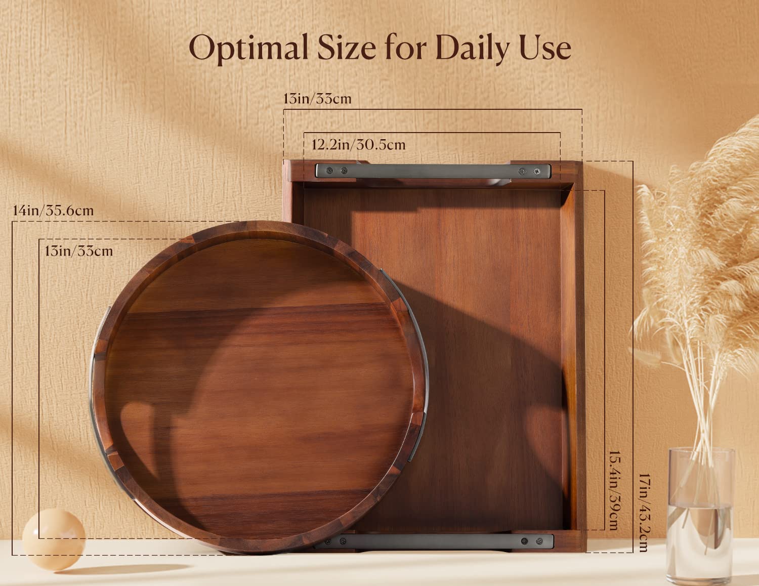 Dofira metal-handles tray placed on a coffee table for easy serving.