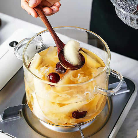 DOITOOL Glass Simmer Pot with side handles for easy transfer to table.