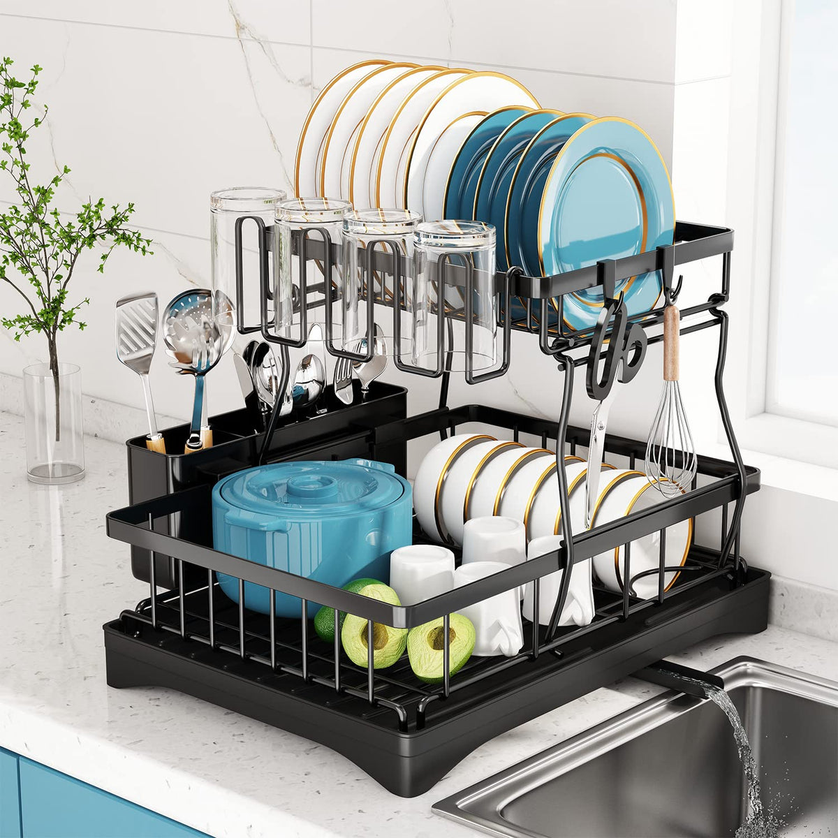 Doitsf two-tier dish drying rack front view, space-saving kitchen solution