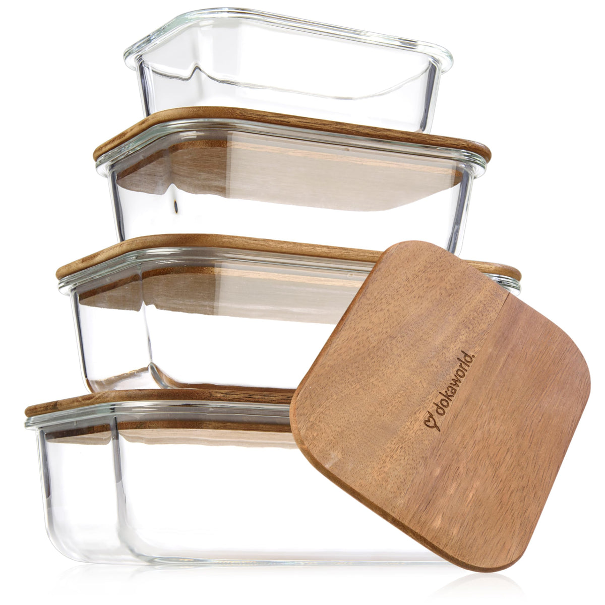 dokaworld glass tupperware set with four sizes for organized meal prep and storage