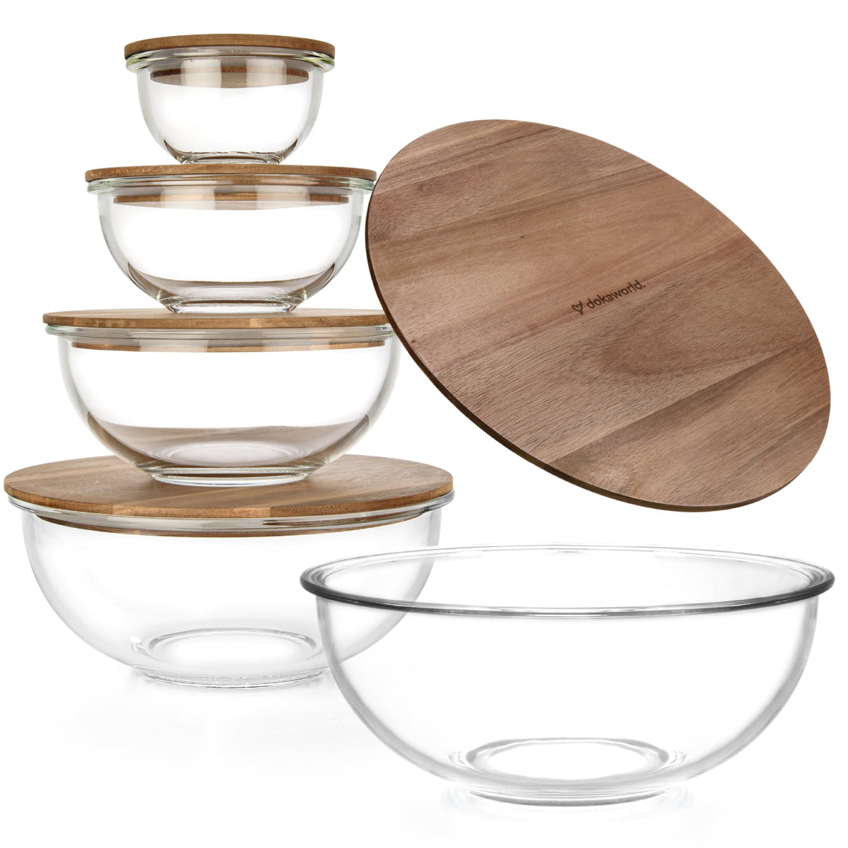 Dokaworld stackable glass bowls with acacia lids for compact storage