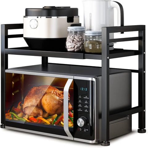 DOLALIKE microwave stand extended 16–24 inches, maximizing counter space.