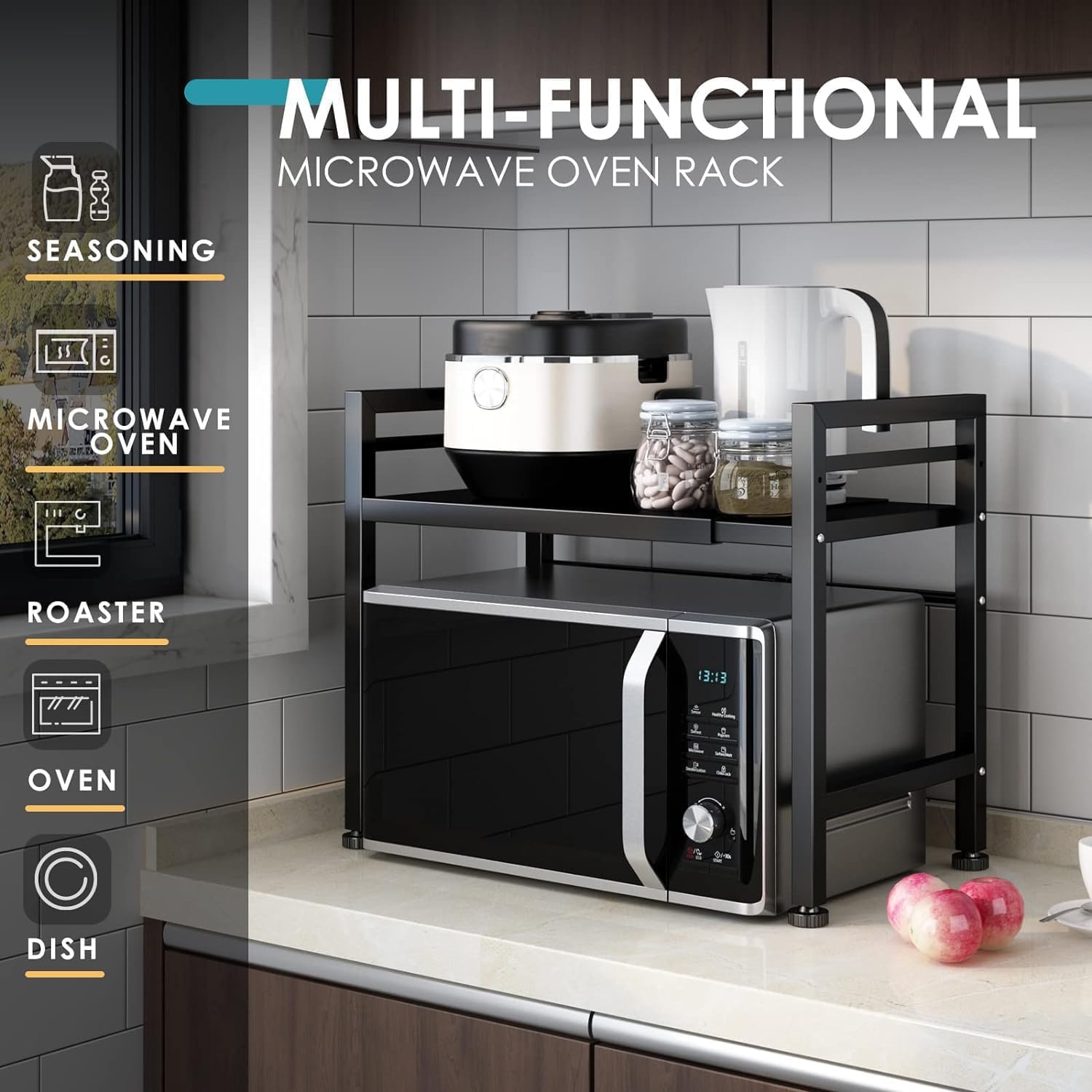 DOLALIKE over-microwave rack frees cabinet space and keeps items handy.