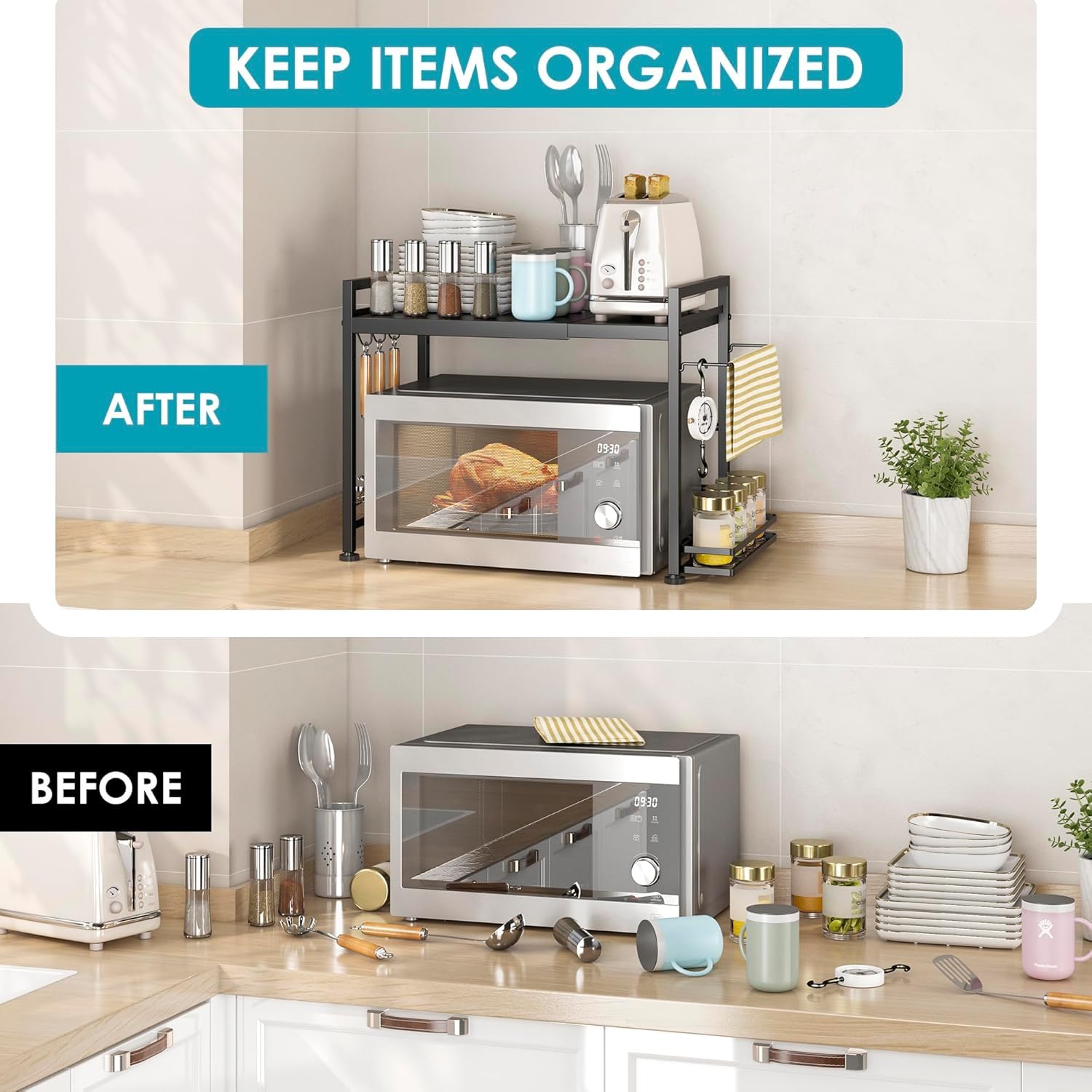 Dolalike microwave stand with height adjustment for custom countertop clearance.