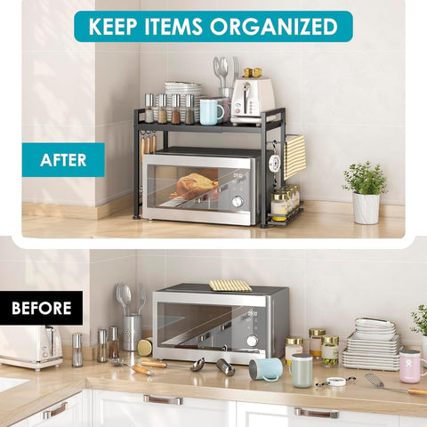 Dolalike microwave stand with height adjustment for custom countertop clearance.