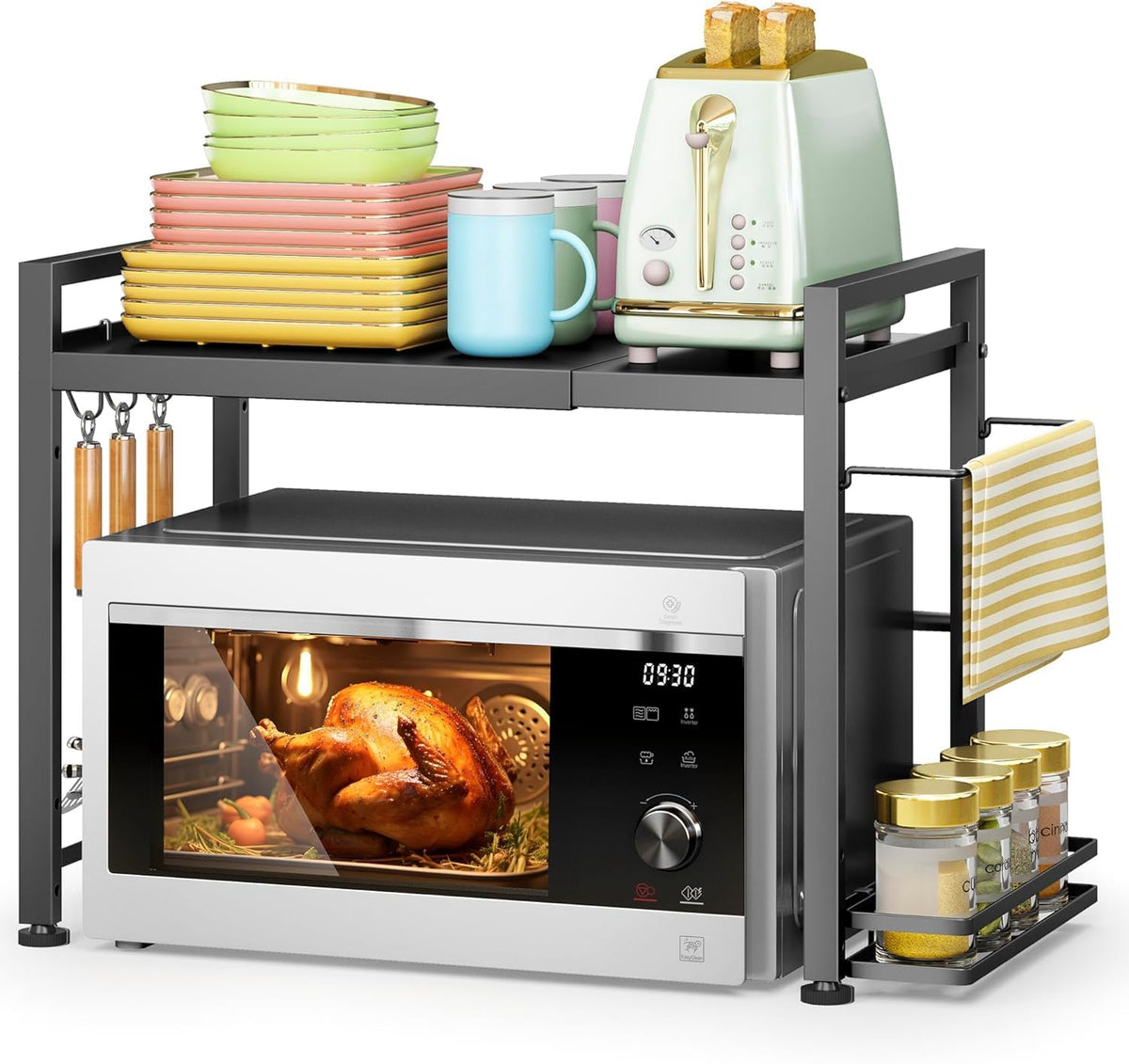 Dolalike expandable microwave shelf shows length adjustability for compact kitchens.