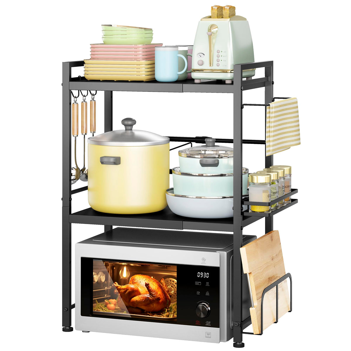 DOLALIKE microwave oven rack extended to fit larger appliances for flexible kitchen layouts