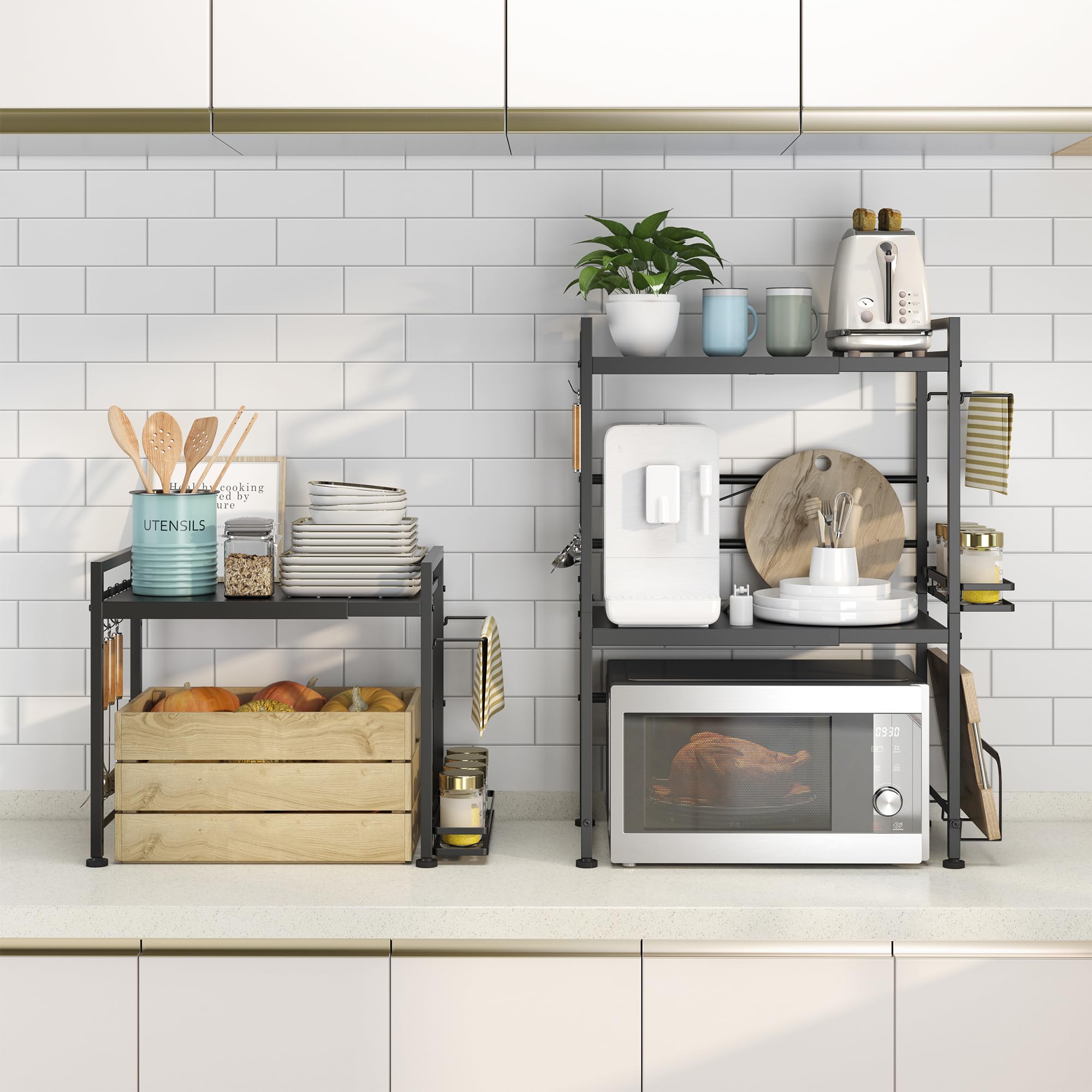 DOLALIKE towel rack on sturdy microwave shelf keeps counters tidy