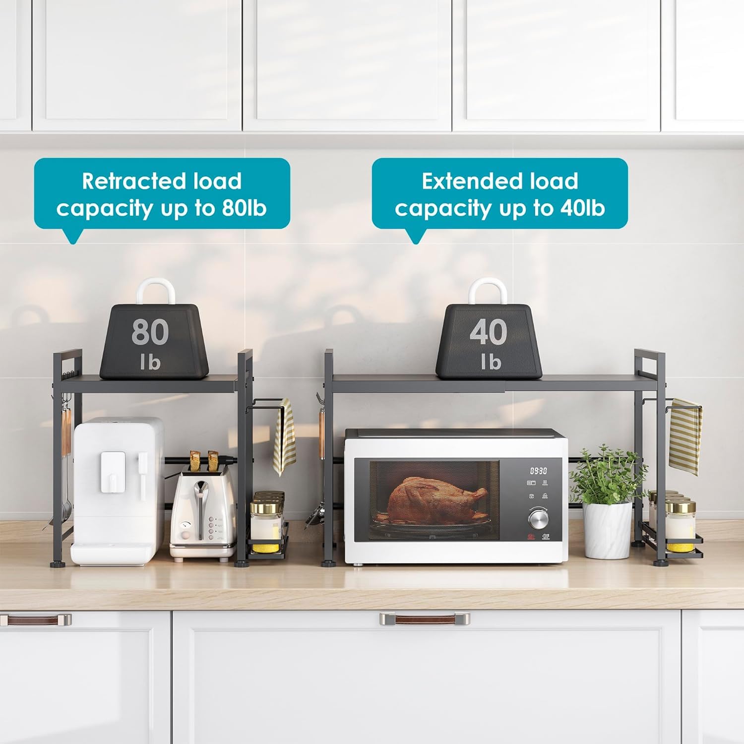 Dolalike space-saving kitchen organization helps keep counters clear.
