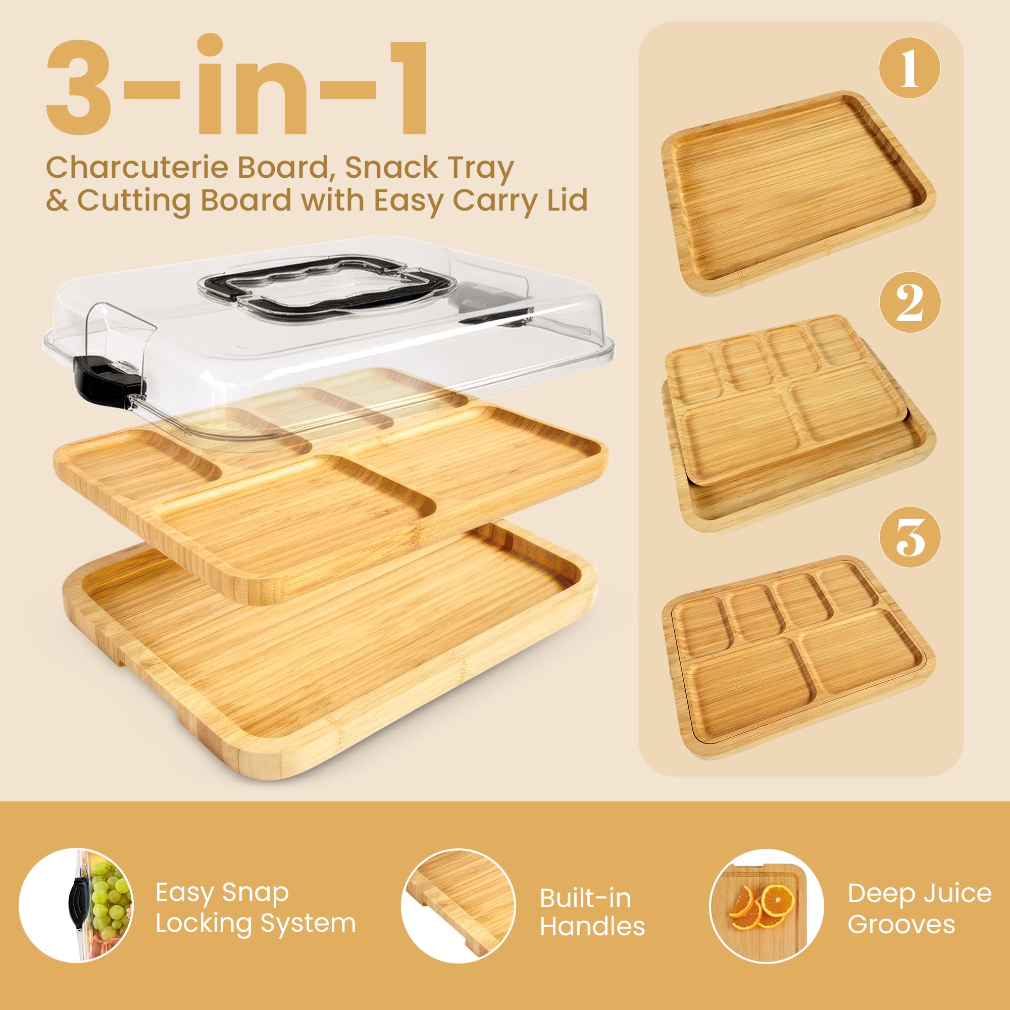 Dolce Casa bamboo charcuterie tray removable insert helps organize cheeses and fruits.