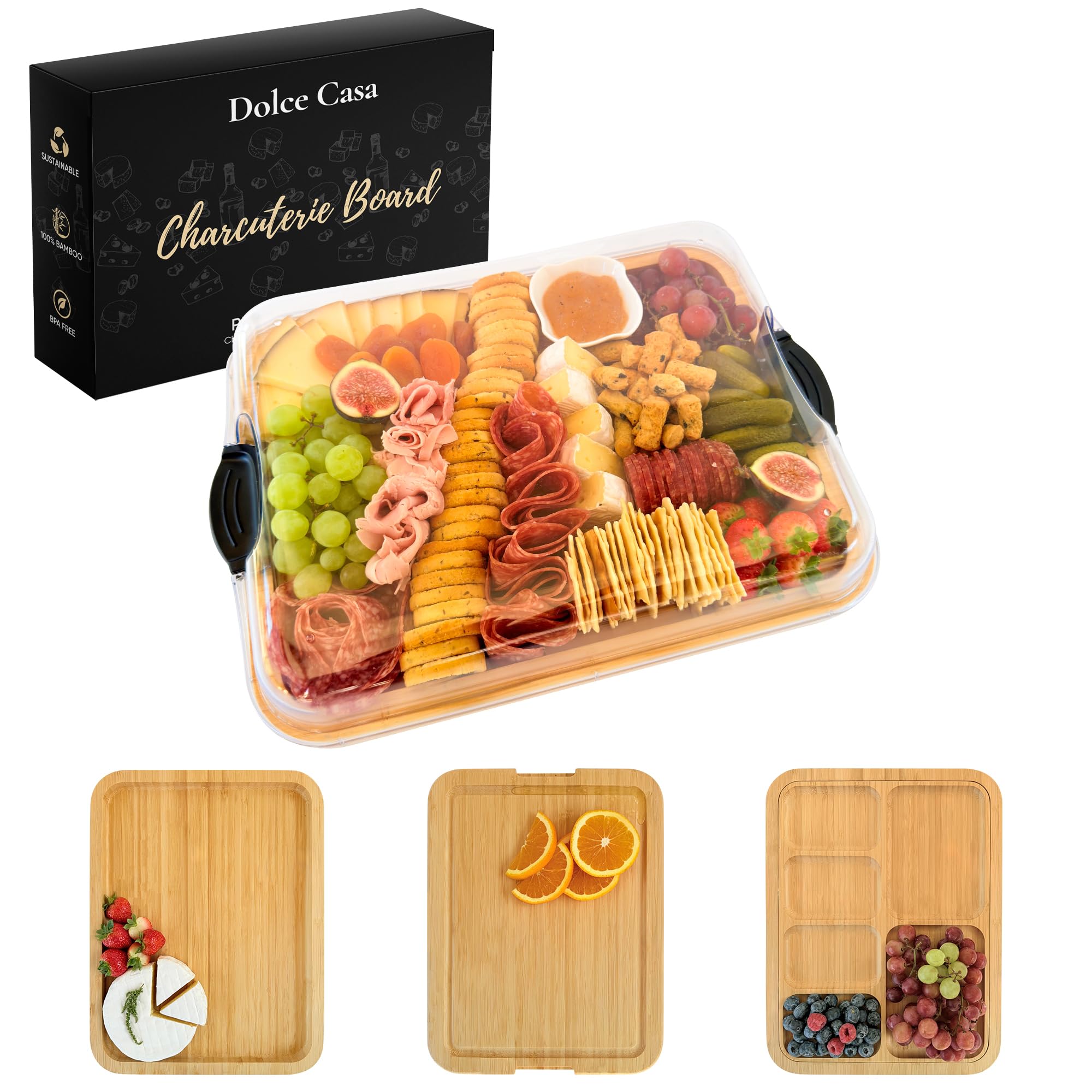 Dolce Casa charcuterie board with lid showing 3-in-1 prep and serve setup
