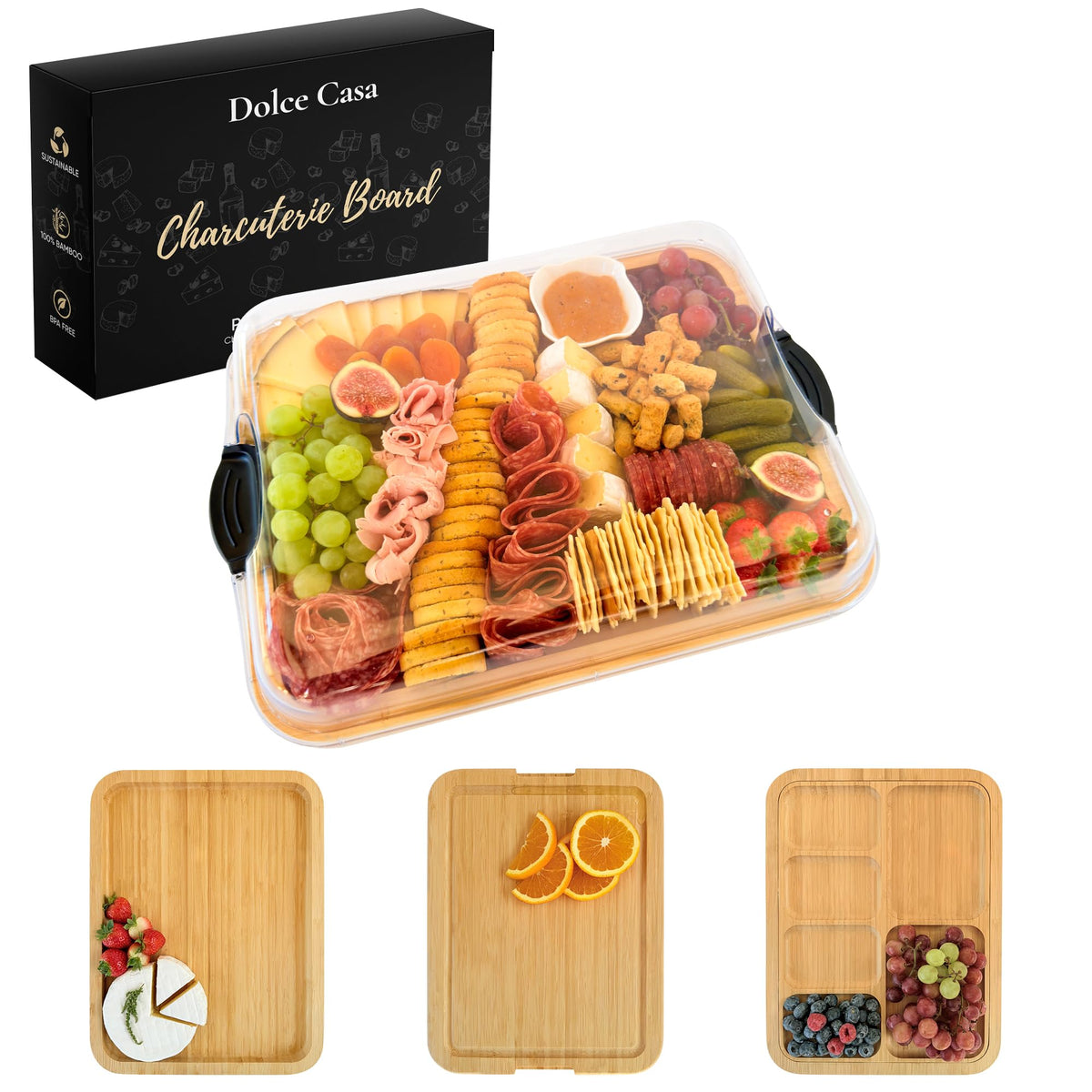 Dolce Casa charcuterie board with lid showing 3-in-1 prep and serve setup