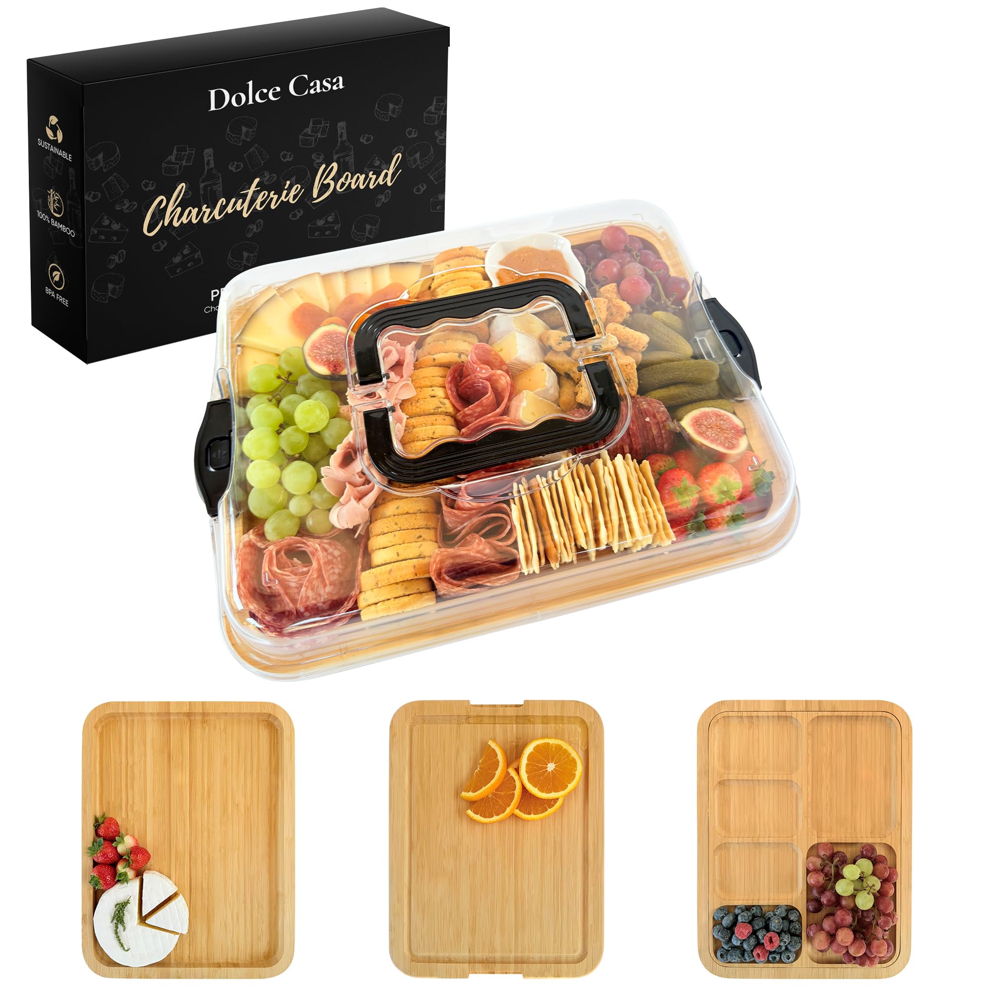 Dolce Casa charcuterie board with lid and handle keeps snacks secure during transport.