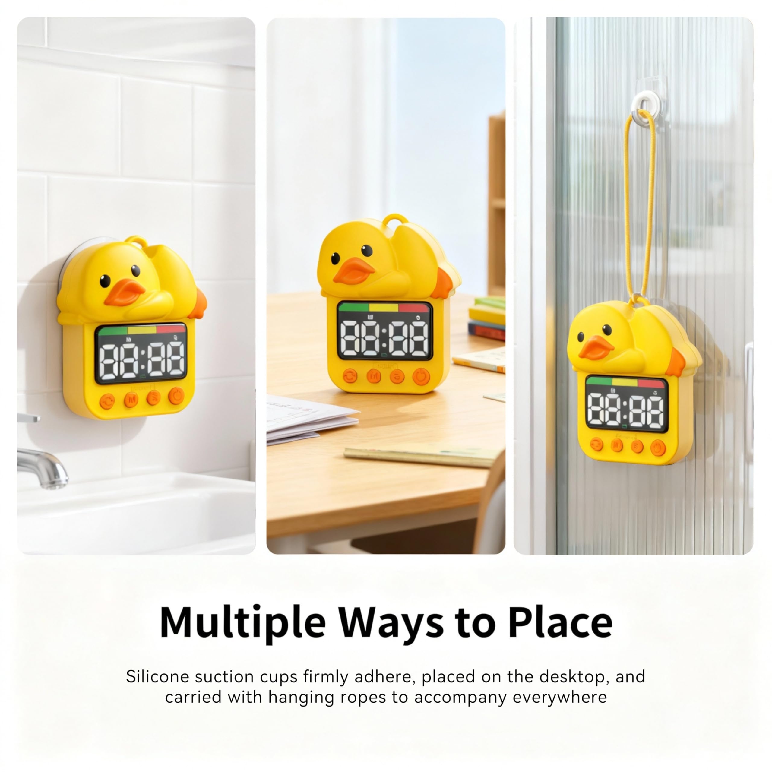 Doli Yearning duck timer hanging with rope for flexible bathroom setup.