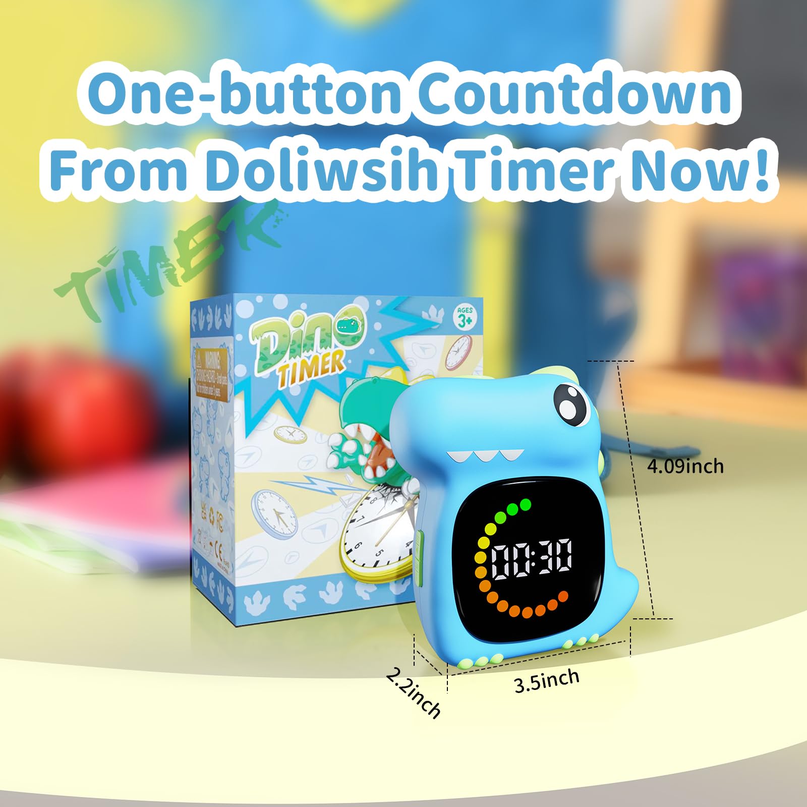 DoliWish dinosaur timer packaging shows durable kid-friendly design