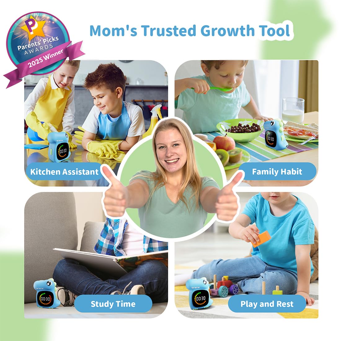 DoliWish dinosaur timer side view showing compact, kid-friendly design