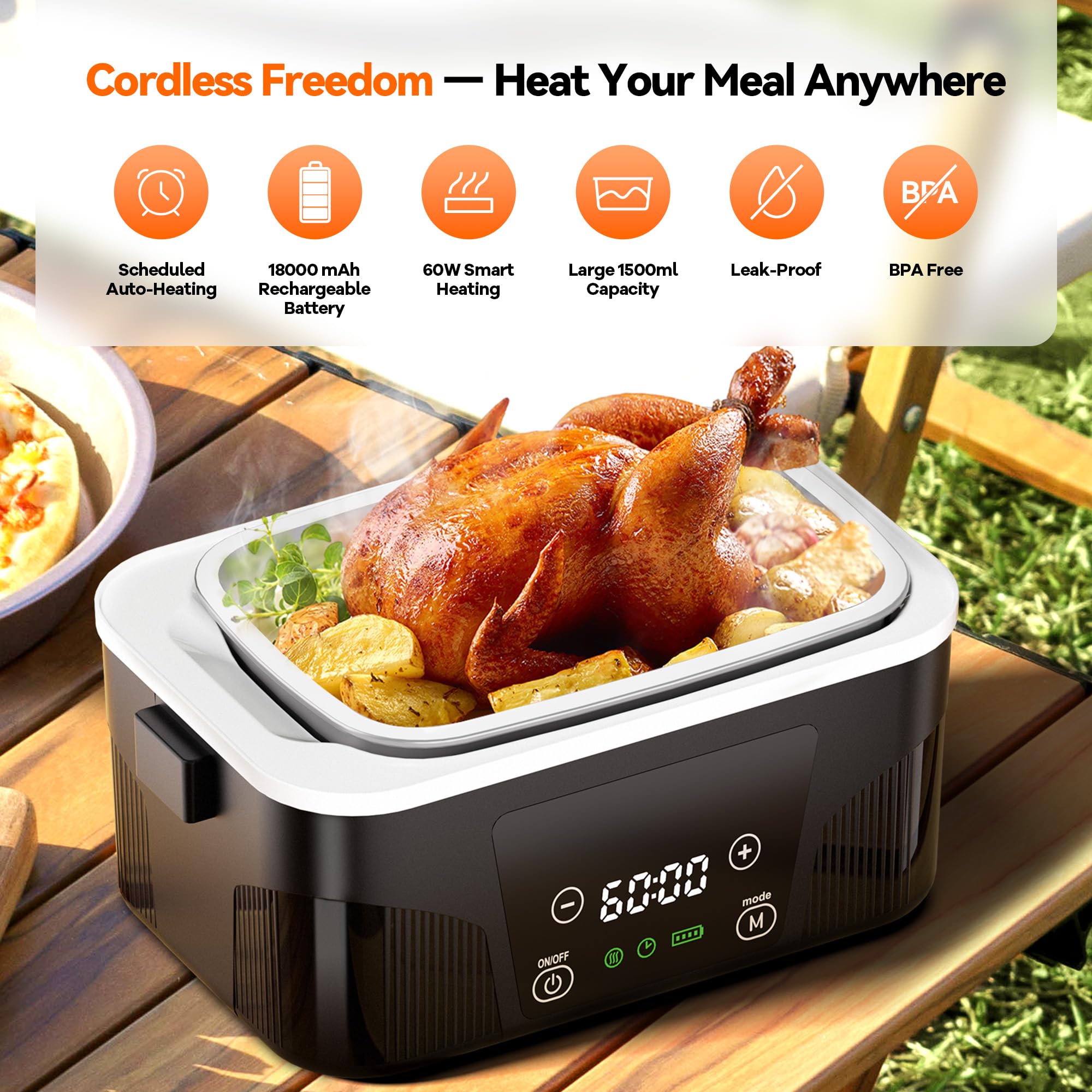 DOLOPL cordless heated lunch box open lid with meal ready to heat.