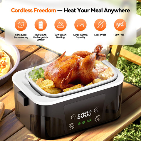 DOLOPL cordless heated lunch box open lid with meal ready to heat.