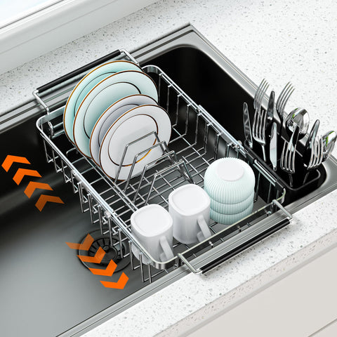 Dolreiik expandable drying rack over sink showing flexible space for dishes