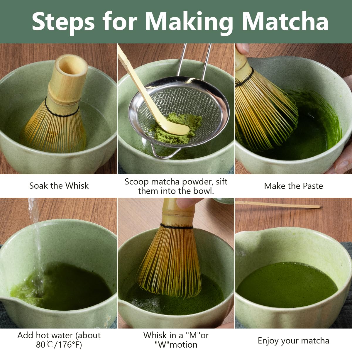 Domaci Matcha Whisk Set tea towel included for quick drying.