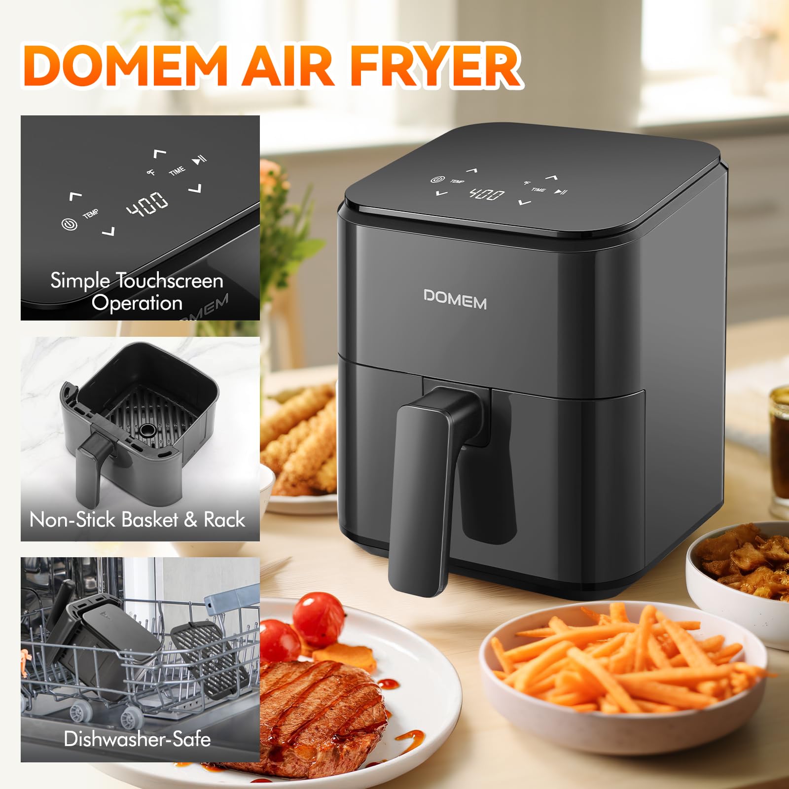 DOMEM 3 Qt compact air fryer basket and rack ready for cooking.